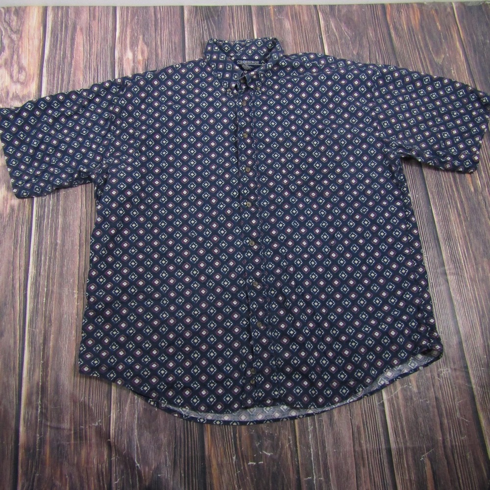 Crossings Mens Size 2XLT Blue Geometric Button Up Shirt Short Sleeve Casual